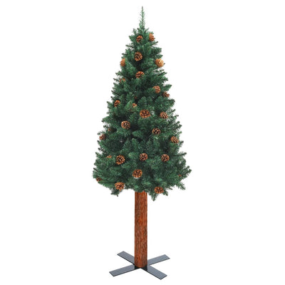 vidaXL Slim Christmas Tree with Real Wood and Cones Green 210 cm PVC
