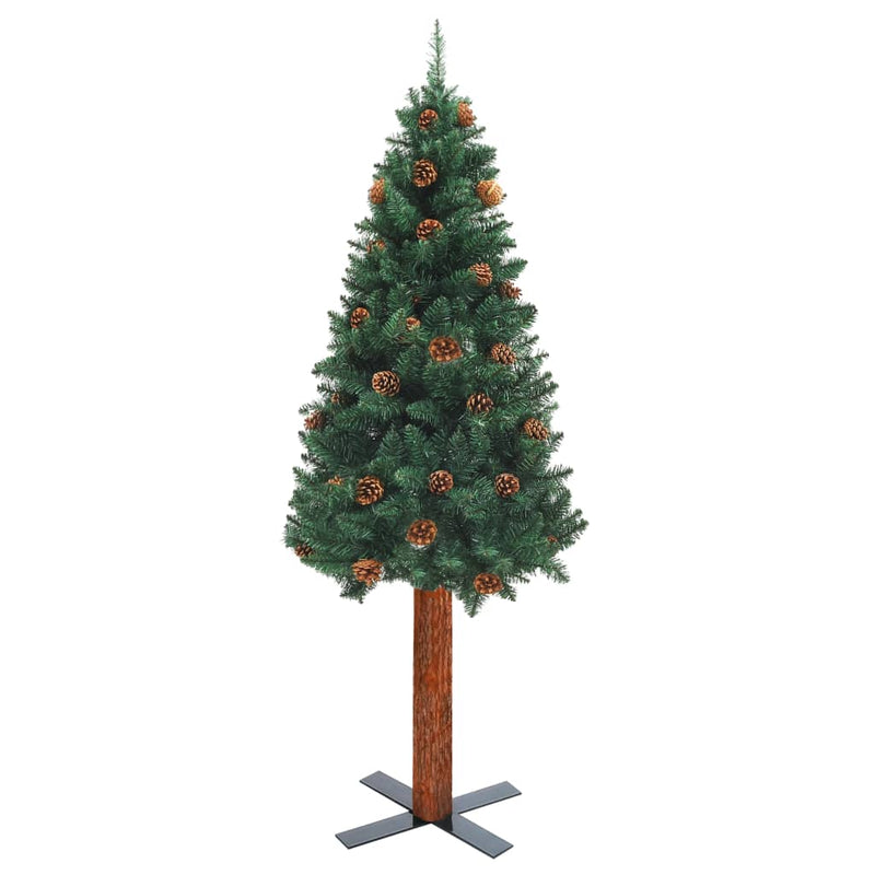 vidaXL Slim Christmas Tree with Real Wood and Cones Green 210 cm PVC