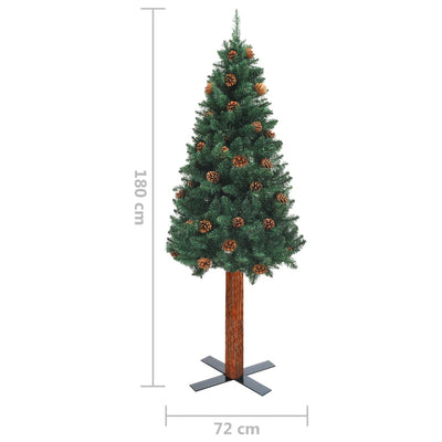vidaXL Slim Christmas Tree with Real Wood and Cones Green 210 cm PVC