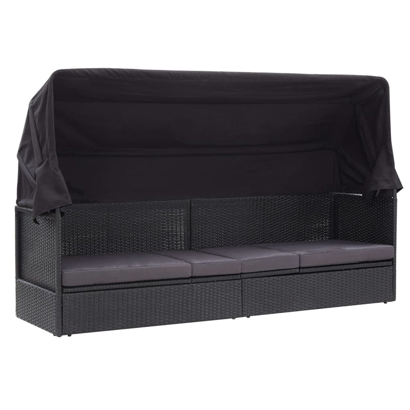 vidaXL Outdoor Sofa Bed with Canopy Poly Rattan Black