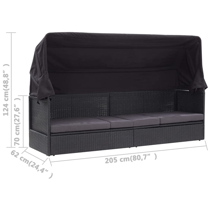 vidaXL Outdoor Sofa Bed with Canopy Poly Rattan Black