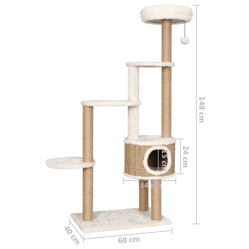 vidaXL Cat Tree with Luxury Cushion and Scratching Post 148cm Seagrass