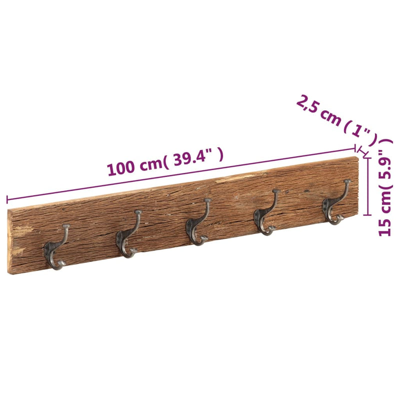 vidaXL Hall Hanger with 5 Hooks 100x2.5x15 cm Solid Reclaimed Wood