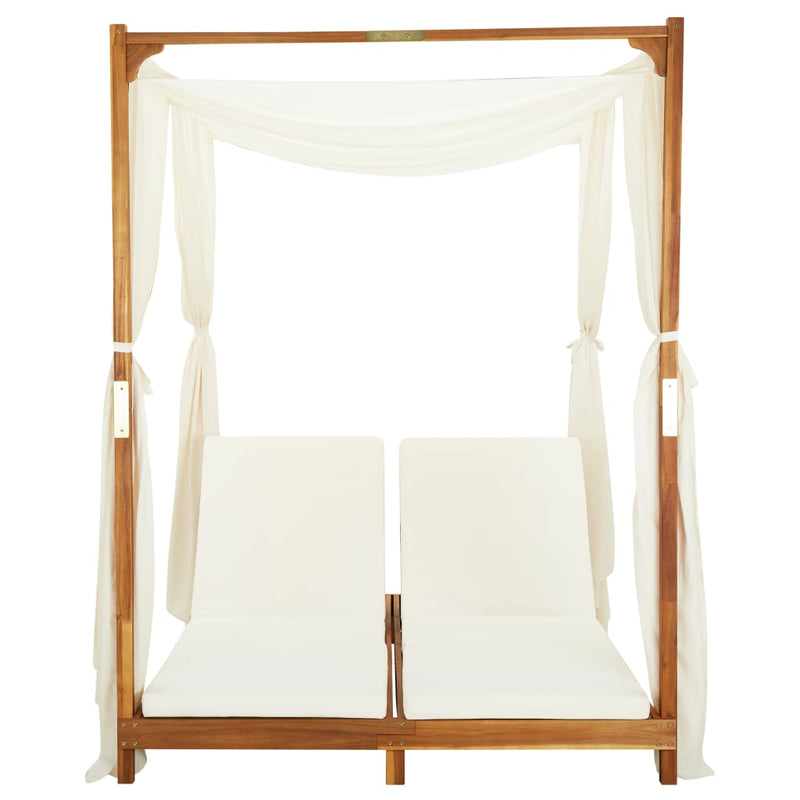 vidaXL Double Sun Lounger with Curtains & Cushions Solid Acacia Wood