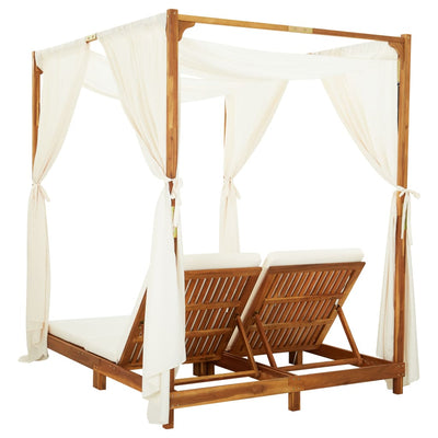 vidaXL Double Sun Lounger with Curtains & Cushions Solid Acacia Wood
