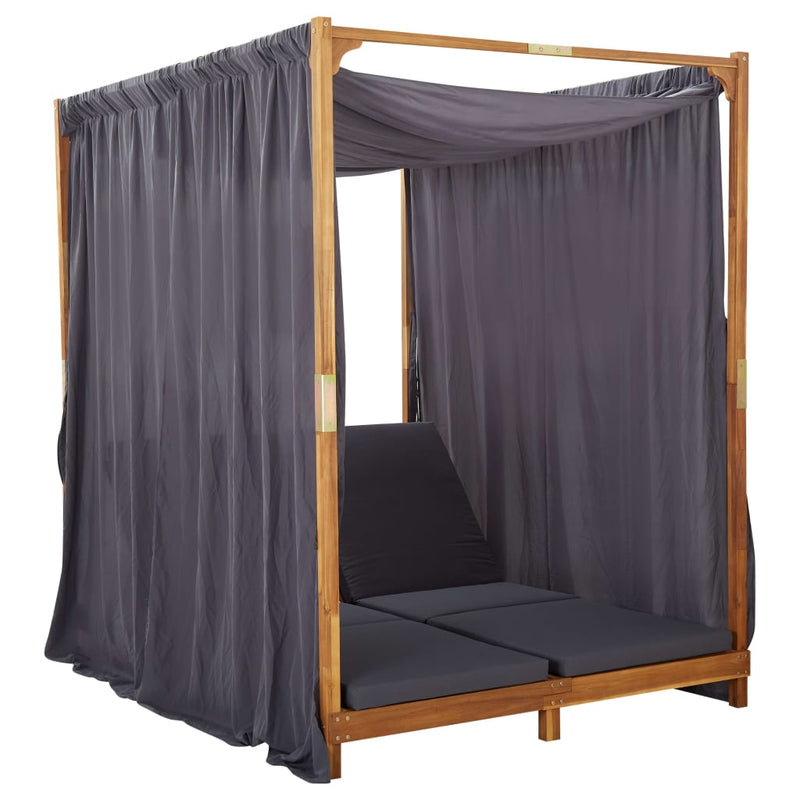 vidaXL Double Sun Lounger with Curtains & Cushions Solid Acacia Wood