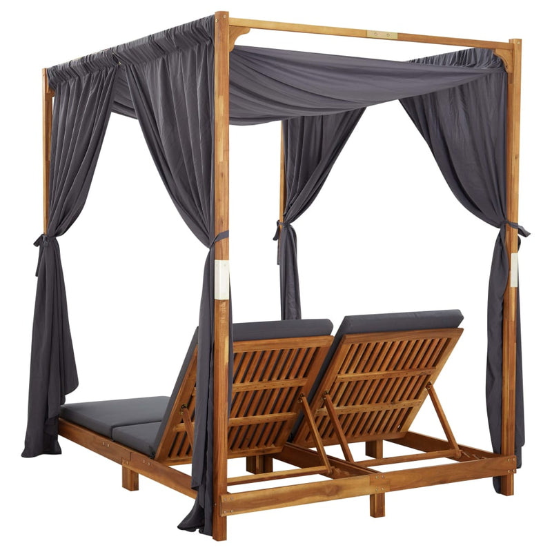 vidaXL Double Sun Lounger with Curtains & Cushions Solid Acacia Wood