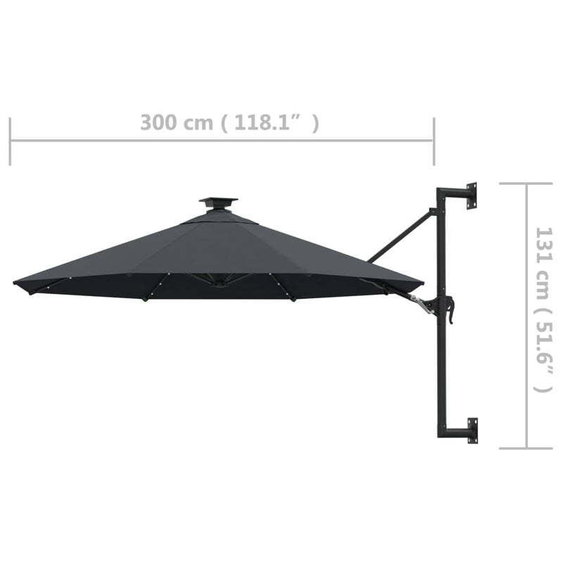 vidaXL Wall-mounted Garden Parasol with LEDs 300 cm Anthracite