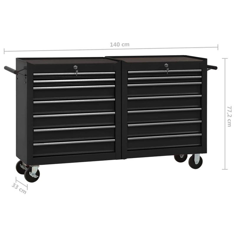 vidaXL Tool Trolley with 14 Drawers Steel Black