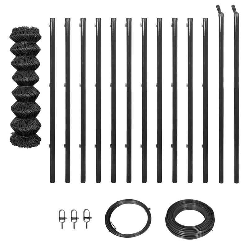vidaXL Chain Link Fence with Posts and Hardware 1.25x25 m Grey
