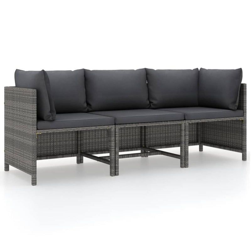 vidaXL 3-Seater Garden Sofa with Cushions Grey Poly Rattan