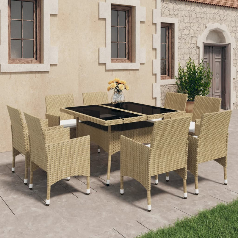 vidaXL 9 Piece Garden Dining Set Poly Rattan and Glass Beige