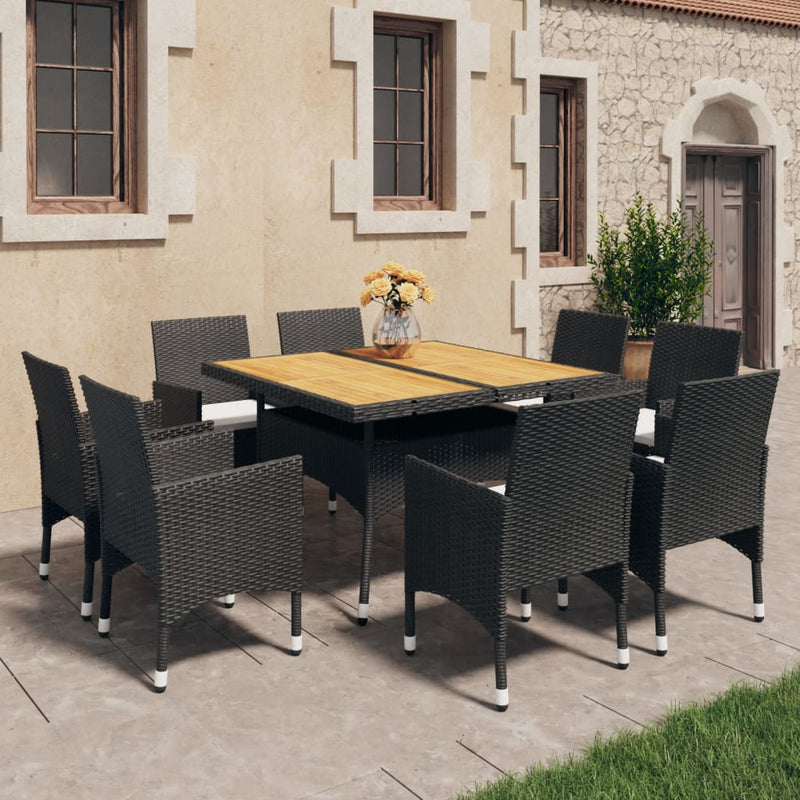 vidaXL 9 Piece Garden Dining Set Poly Rattan and Acacia Wood Black