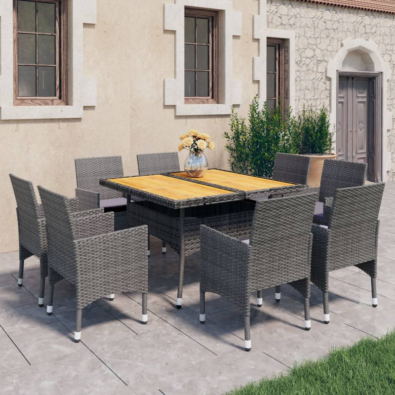 vidaXL 9 Piece Garden Dining Set Poly Rattan and Acacia Wood Grey