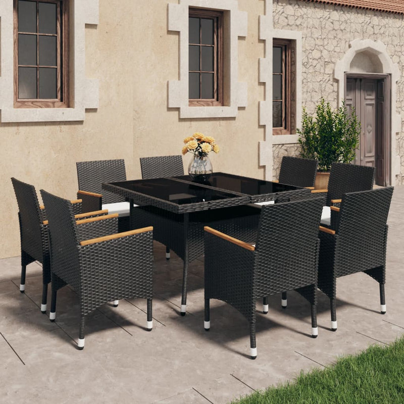 vidaXL 9 Piece Garden Dining Set Poly Rattan and Acacia Wood Black