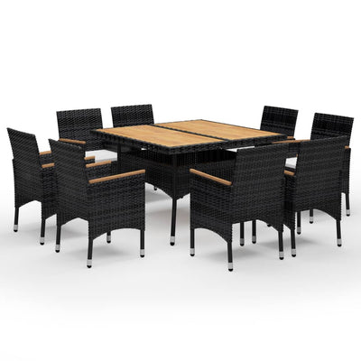 vidaXL 9 Piece Garden Dining Set Poly Rattan and Acacia Wood Black