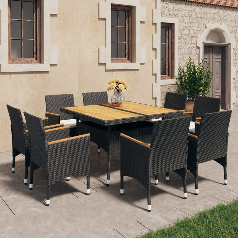 vidaXL 9 Piece Garden Dining Set Poly Rattan and Acacia Wood Black