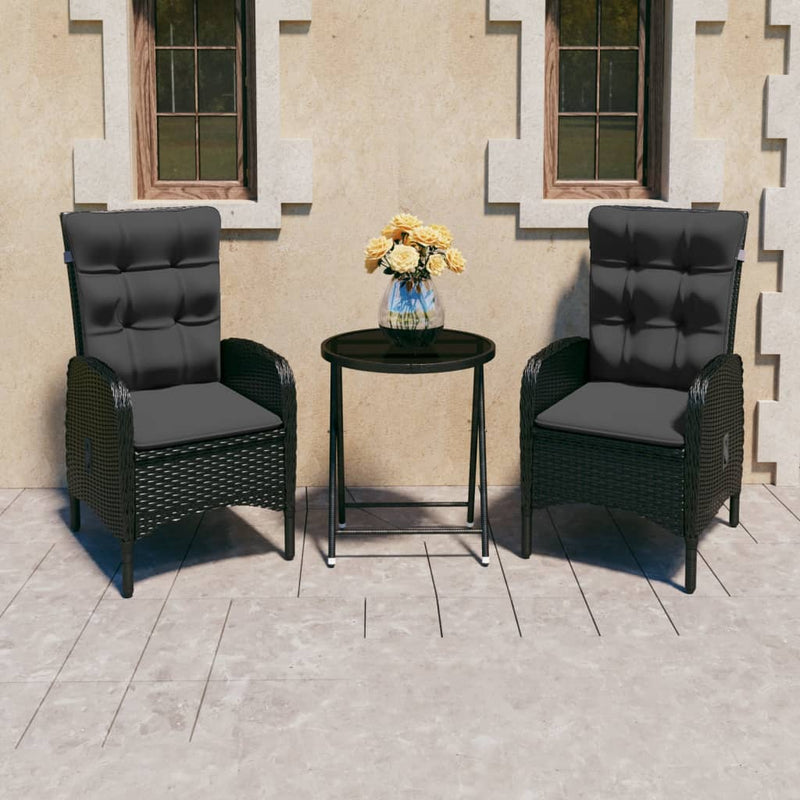 vidaXL 3 Piece Garden Bistro Set Poly Rattan and Glass Black
