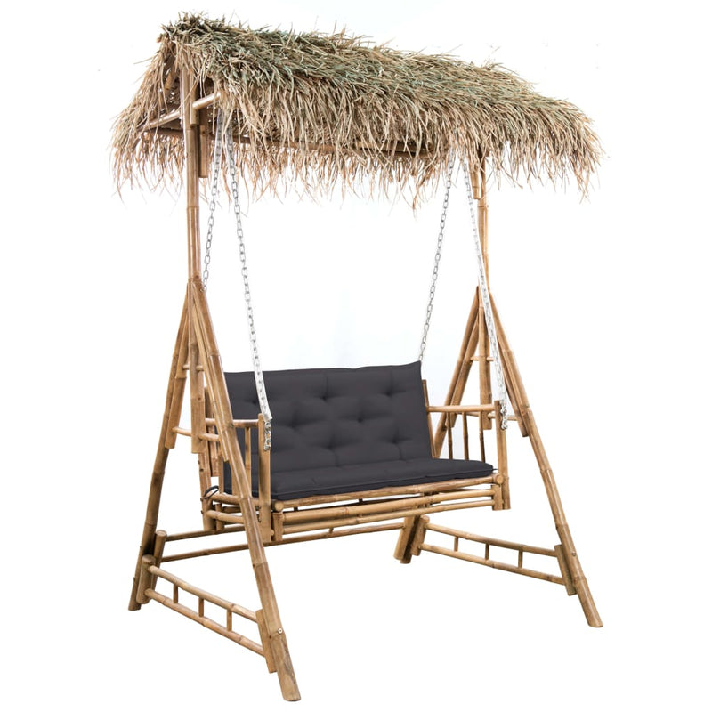 vidaXL 2-Seater Swing Bench with Palm Leaves and Cushion 202 cm Bamboo