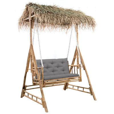 vidaXL 2-Seater Swing Bench with Palm Leaves and Cushion 202 cm Bamboo
