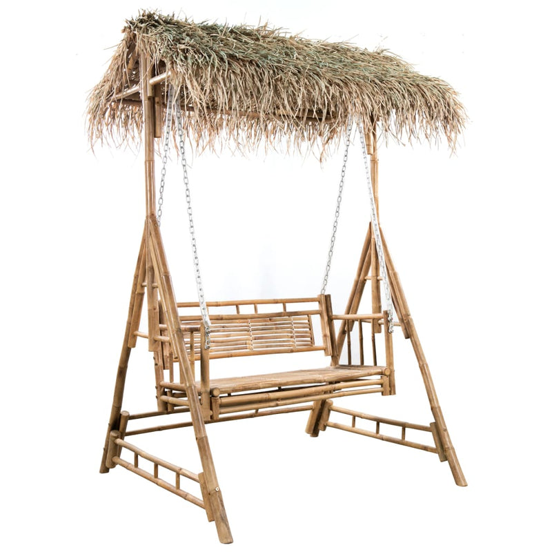 vidaXL 2-Seater Swing Bench with Palm Leaves and Cushion 202 cm Bamboo