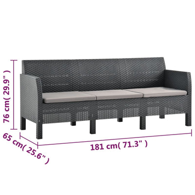 vidaXL 3-Seater Garden Sofa with Cushions Anthracite PP Rattan