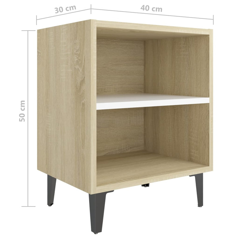 vidaXL Bed Cabinet with Metal Legs Sonoma Oak and White 40x30x50 cm