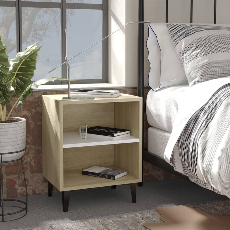 vidaXL Bed Cabinet with Metal Legs Sonoma Oak and White 40x30x50 cm