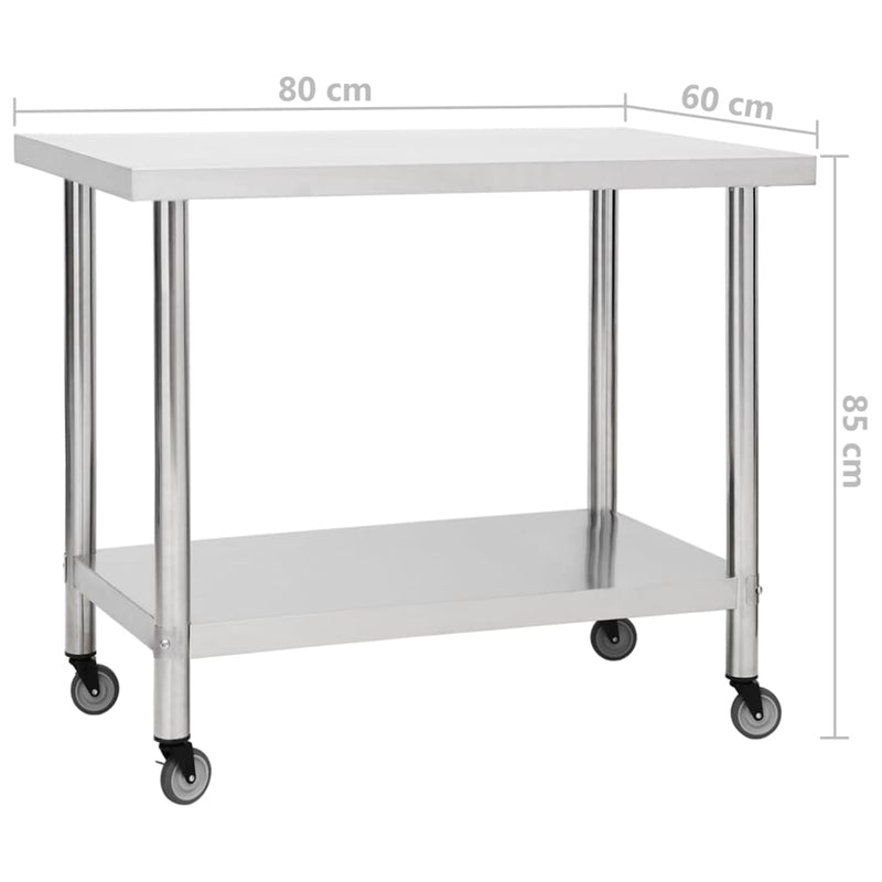 vidaXL Kitchen Work Table with Wheels 60x60x85 cm Stainless Steel