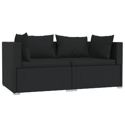 vidaXL 2-Seater Sofa with Cushions Black Poly Rattan