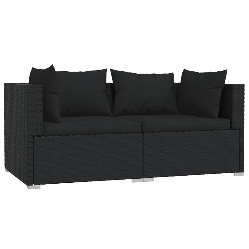 vidaXL 2-Seater Sofa with Cushions Black Poly Rattan