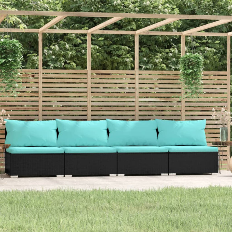 vidaXL 4-Seater Sofa with Cushions Black Poly Rattan