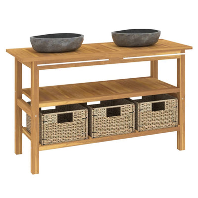 vidaXL Bathroom Vanity Cabinet with River Stone Sinks Solid Wood Teak