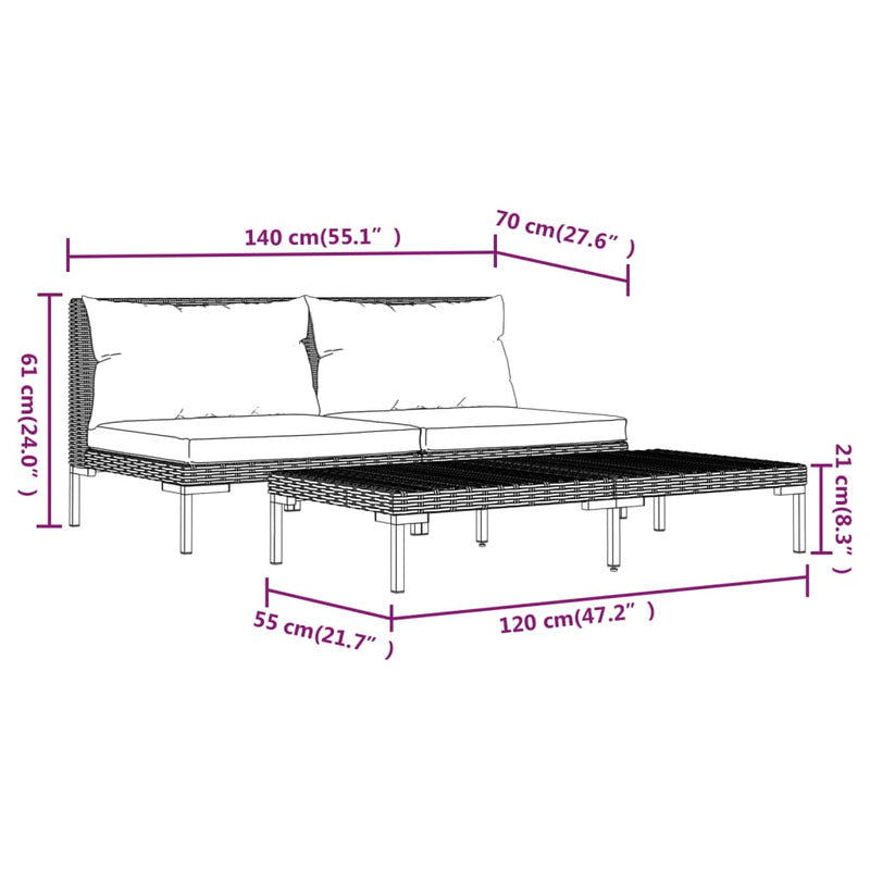 vidaXL 3 Piece Garden Lounge Set Dark Grey Half Round Poly Rattan