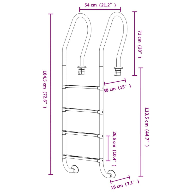 vidaXL Pool Ladder 54x38x184.5 cm 304 Stainless Steel