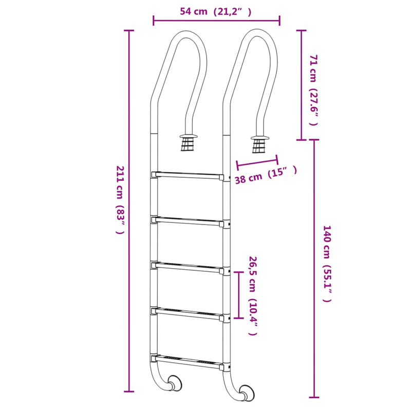 vidaXL Pool Ladder 54x38x184.5 cm 304 Stainless Steel