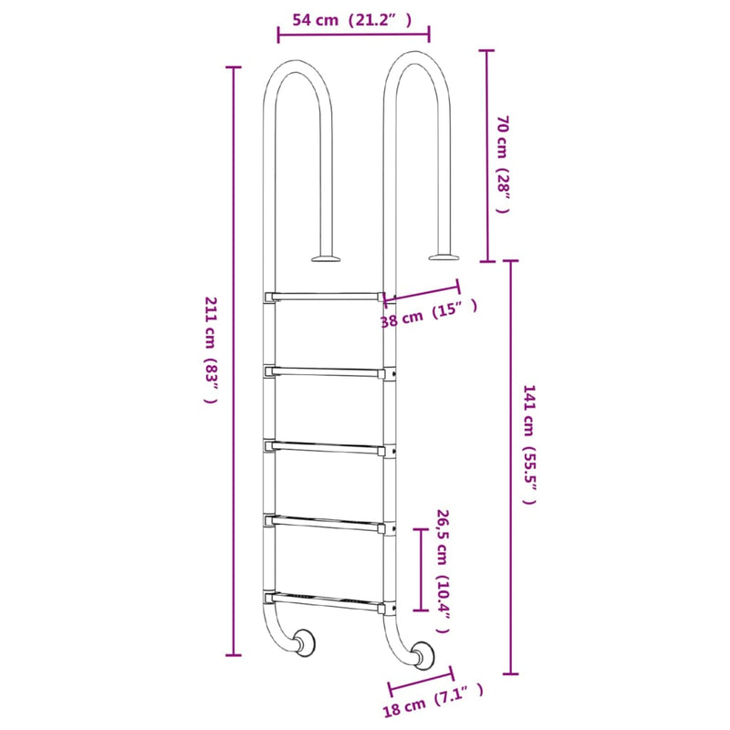 vidaXL Pool Ladder 54x38x184.5 cm 304 Stainless Steel