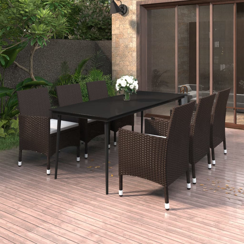 vidaXL 7 Piece Garden Dining Set with Cushions Poly Rattan and Glass
