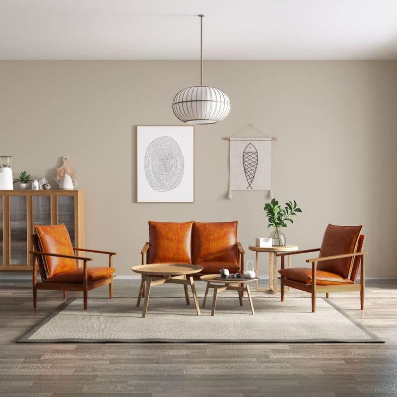 vidaXL 3 Piece Sofa Set Real Leather with Solid Wood Acacia Brown