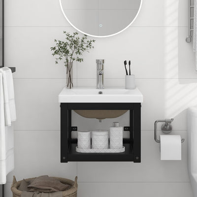 vidaXL Bathroom Washbasin Frame with Built-in Basin Black Iron