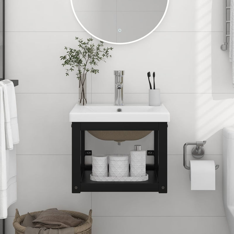 vidaXL Bathroom Washbasin Frame with Built-in Basin Black Iron