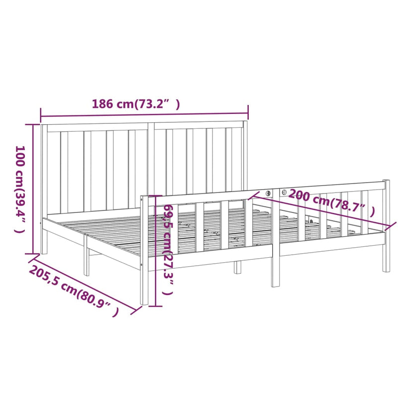 vidaXL Bed Frame without Mattress Black 183x203 cm King Solid Wood Pine