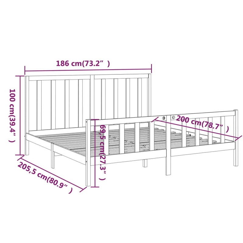 vidaXL Bed Frame without Mattress Black 183x203 cm King Solid Wood Pine