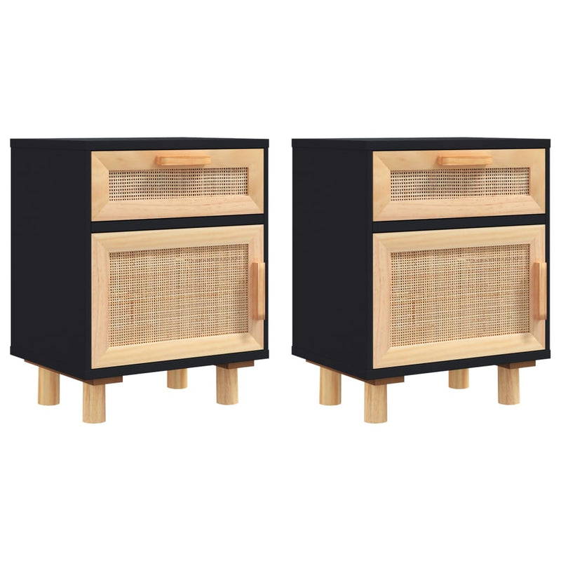 vidaXL Bedside Cabinets 2 pcs Black Solid Wood Pine and Natural Rattan