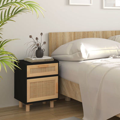 vidaXL Bedside Cabinets 2 pcs Black Solid Wood Pine and Natural Rattan