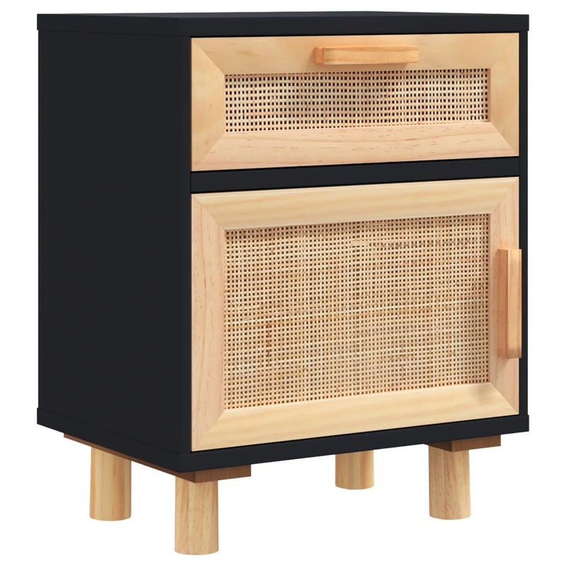 vidaXL Bedside Cabinets 2 pcs Black Solid Wood Pine and Natural Rattan