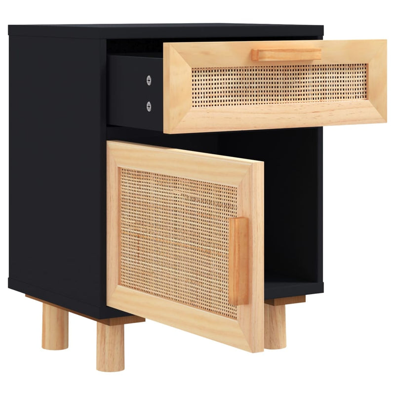 vidaXL Bedside Cabinets 2 pcs Black Solid Wood Pine and Natural Rattan