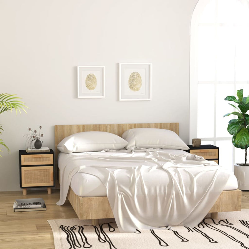 vidaXL Bedside Cabinets 2 pcs Black Solid Wood Pine and Natural Rattan