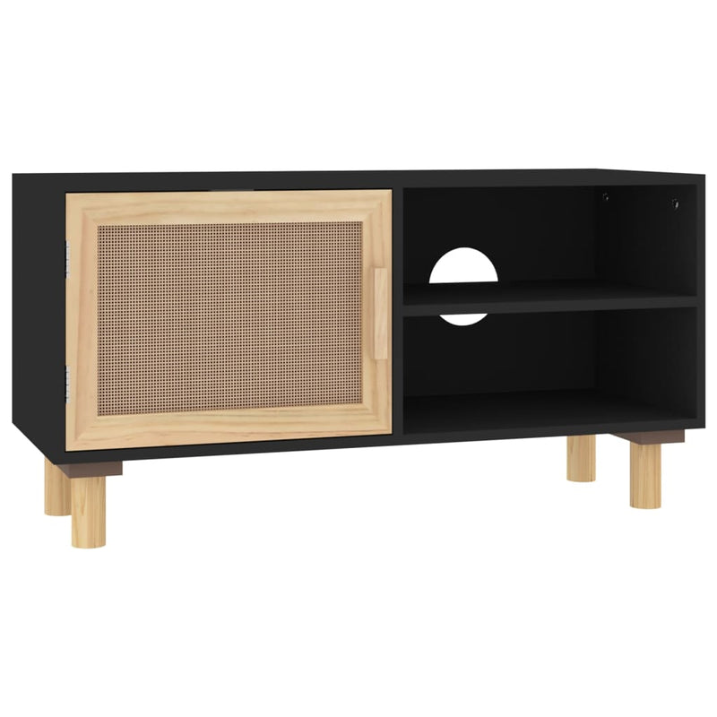 vidaXL TV Cabinet Black 80x30x40 cm Solid Wood Pine and Natural Rattan