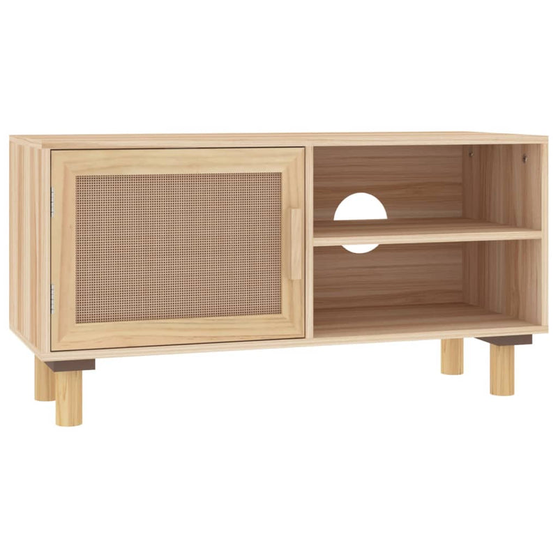 vidaXL TV Cabinet Black 80x30x40 cm Solid Wood Pine and Natural Rattan